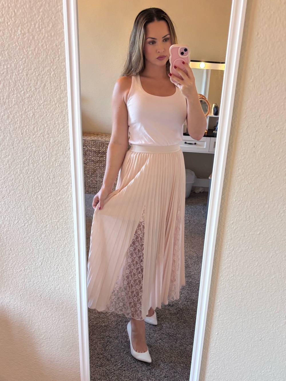 Guess Pleated Lace-Panel Maxi Skirt in Blush